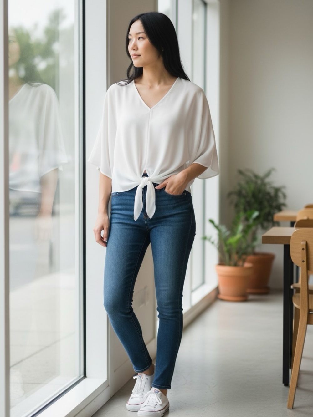 Tie-Front V-Neck Blouse in White